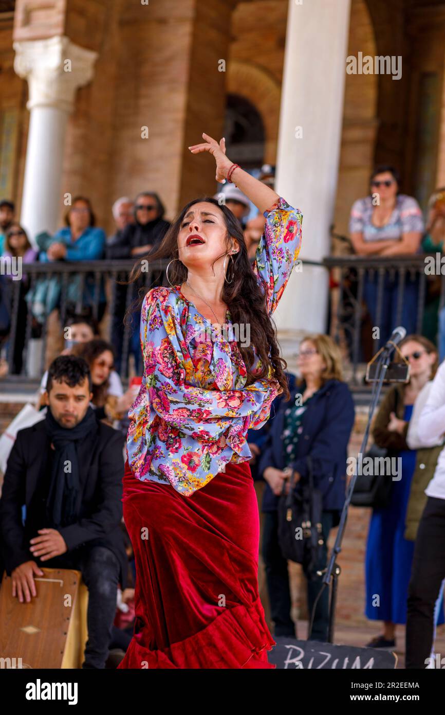 Spain, Andalusia, Seville, flamenco dancer performing at Plaza de Espana Stock Photo