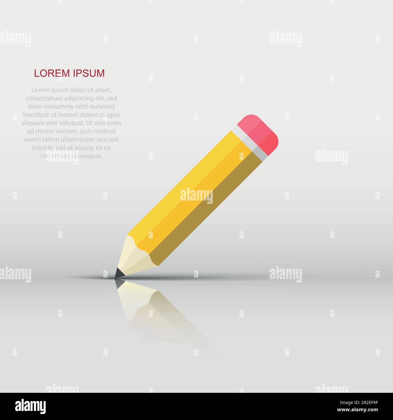 Realistic yellow wooden pencil with rubber eraser icon in flat style