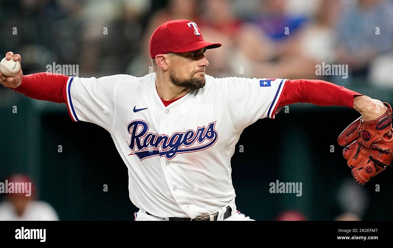 Texas Rangers starting pitcher Nathan Eovaldi throws to the Atlanta