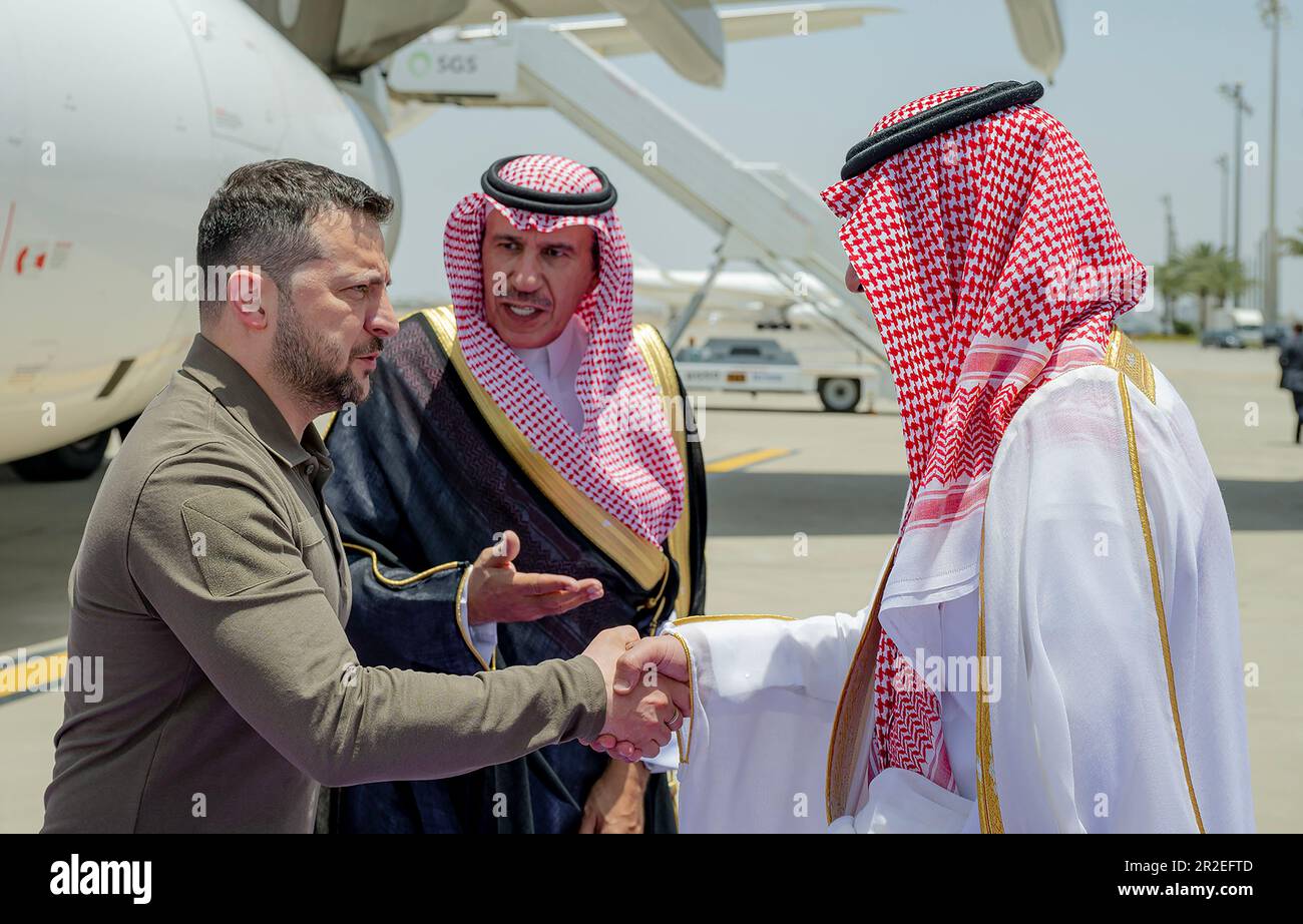 Jeddah, Saudi Arabia. 19th May, 2023. Ukraine's President Volodymyr Zelensky (L) arrives to attend the 32nd Arab League Summit in Jeddah, Saudi Arabia on Friday, May 19, 2023. In his speech at an Arab League summit in Saudi Arabia Zelensky blamed some Arab leaders and accused them of ignoring the horrors of Russia's invasion of his country. Photo by Ukrainian President Press Office/UPI Credit: UPI/Alamy Live News Stock Photo