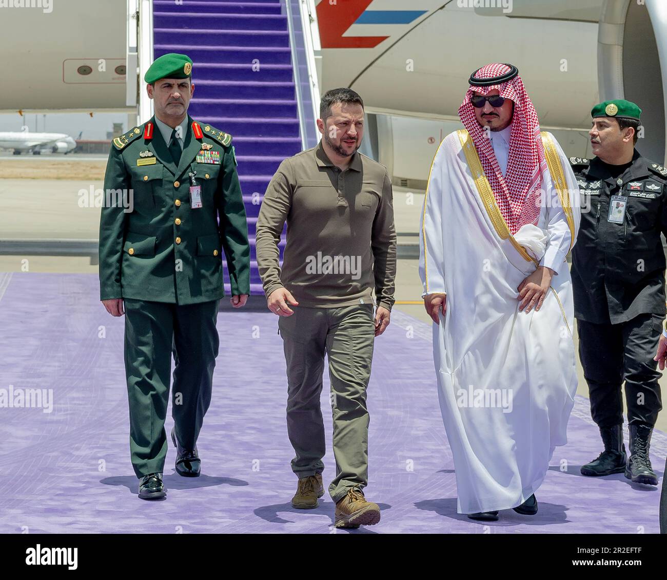 Jeddah, Saudi Arabia. 19th May, 2023. Ukraine's President Volodymyr Zelensky (C) arrives to attend the 32nd Arab League Summit in Jeddah, Saudi Arabia on Friday, May 19, 2023. In his speech at an Arab League summit in Saudi Arabia; Zelensky blamed some Arab leaders and accused them of ignoring the horrors of Russia's invasion of his country. Photo by Ukrainian President Press Office/UPI Credit: UPI/Alamy Live News Stock Photo