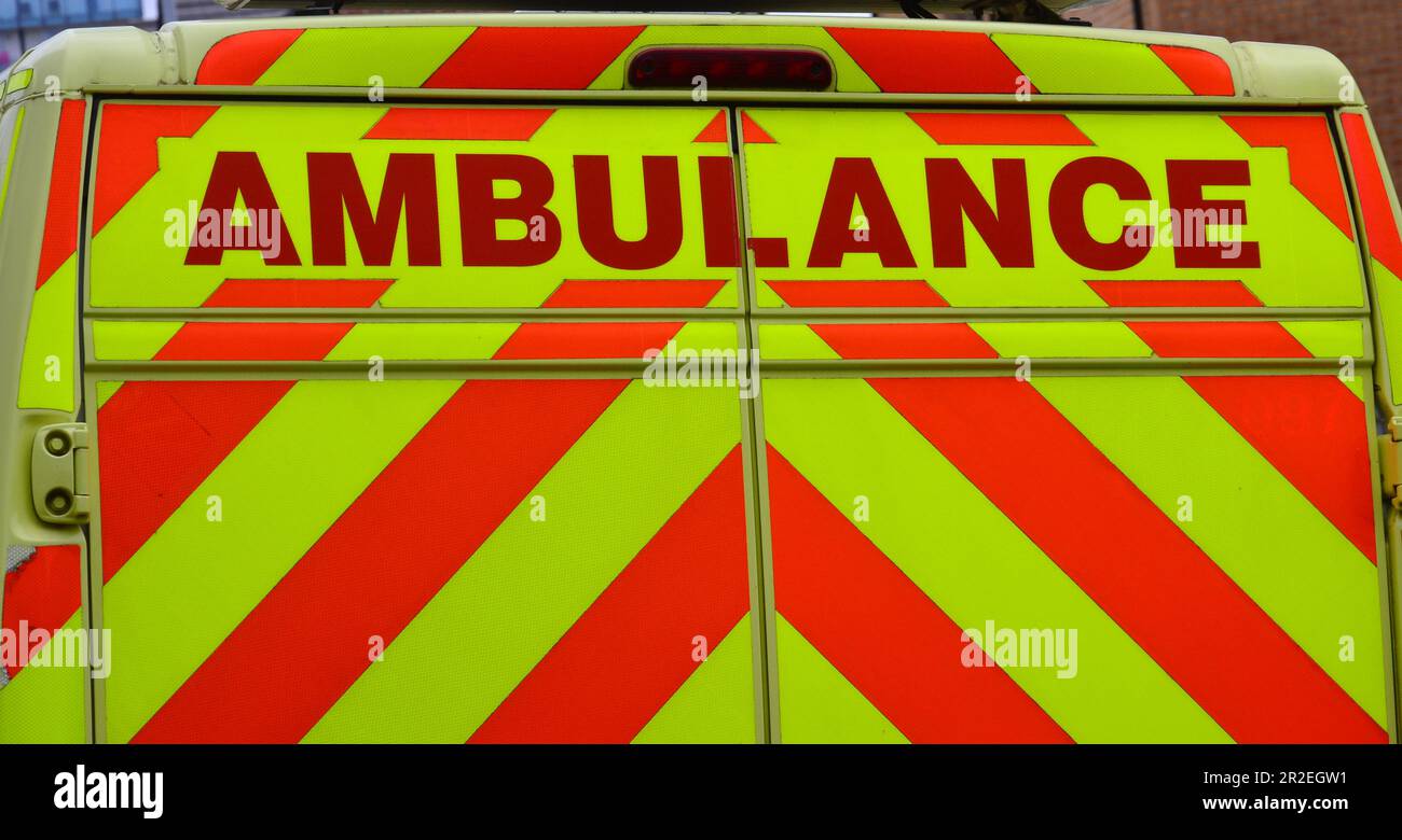Sign: 'ambulance' on an ambulance vehicle Stock Photo