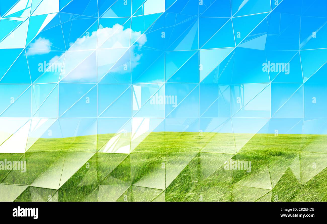 World environment day concept. Design of green meadow and blue sky landscape background.Ecology background.3d illustration. Stock Photo