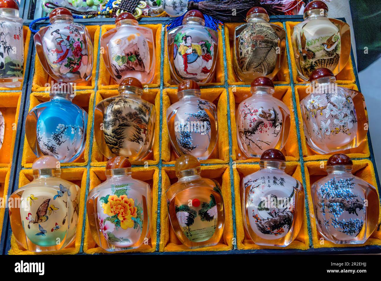 Traditional 'inside painted' Snuff Bottles for sale, Hutongs area, Beijing Stock Photo