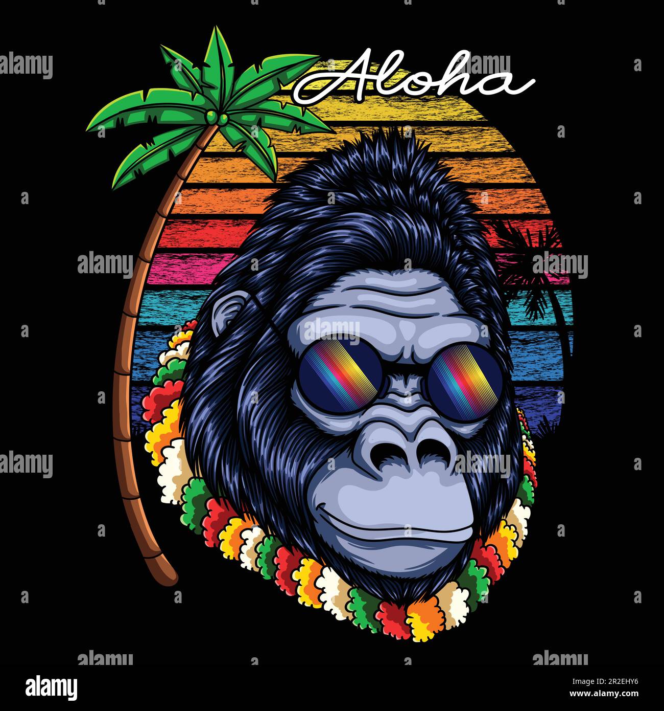 Gorilla aloha wearing flower necklace retro vector illustration for your company or brand Stock Vector