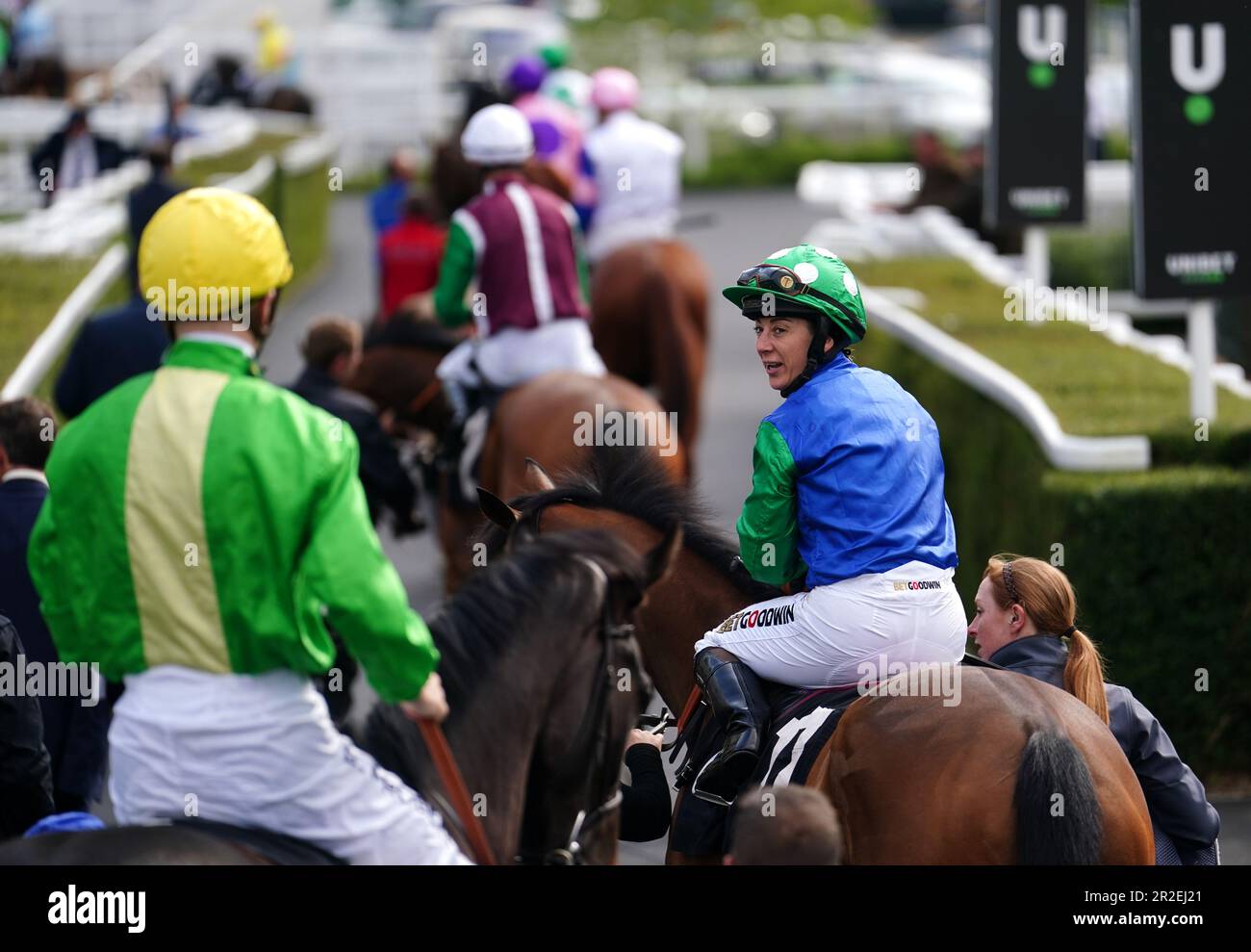 Royal Athena ridden by Hayley Turner ahead of the Bernard Sunley Handicap at Newbury Racecourse, Berkshire. Picture date: Friday May 19, 2023. Stock Photo