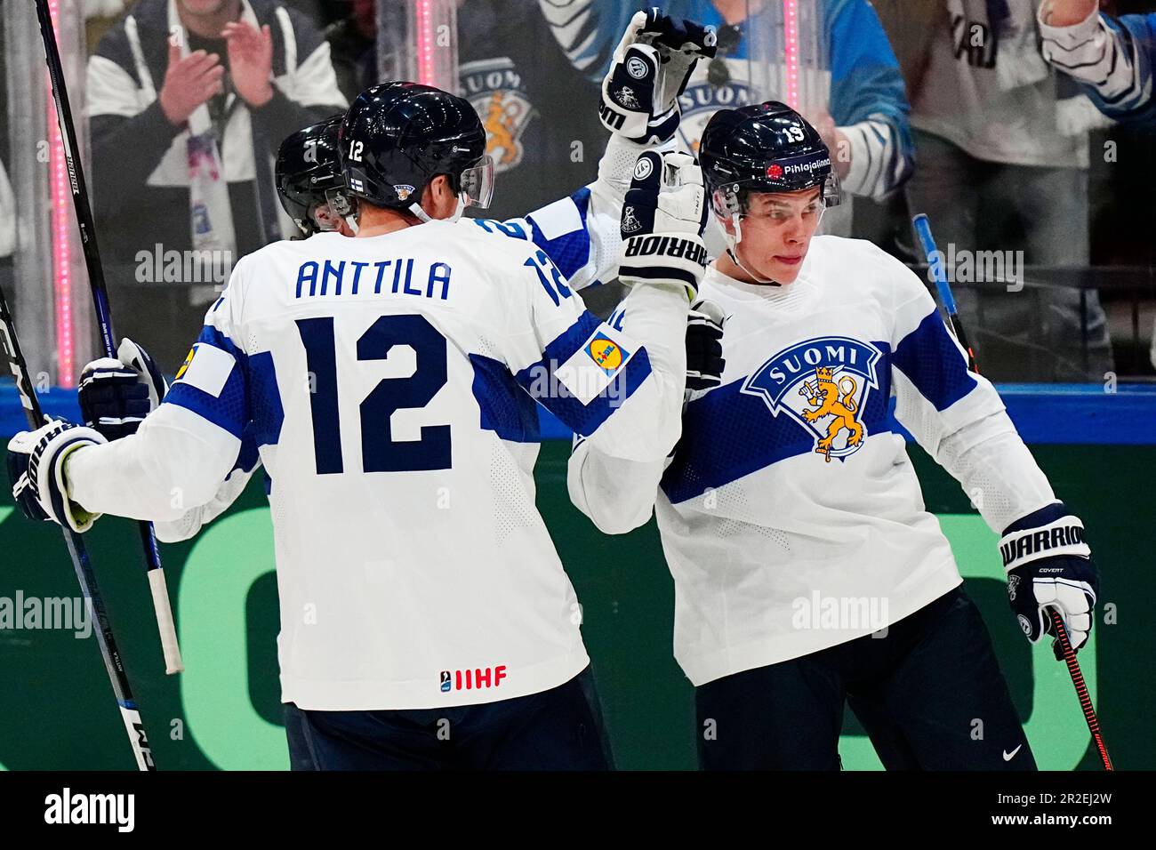 Finland's Waltteri Merela, right, celebrates with teammates after scoring  his side's sixth goal during the group A match between Hungary and Finland  at the ice hockey world championship in Tampere, Finland, Friday,