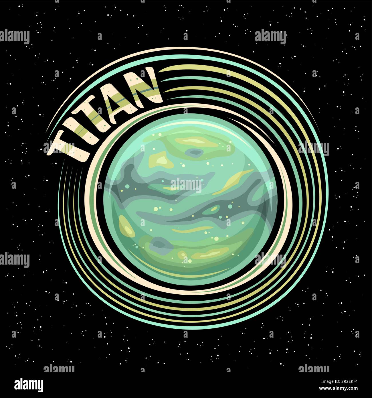 Vector logo for Titan Moon, fantasy print with rotating satellite titan, gas surface with green cyclones and clouds, round cosmo tag with unique brush Stock Vector