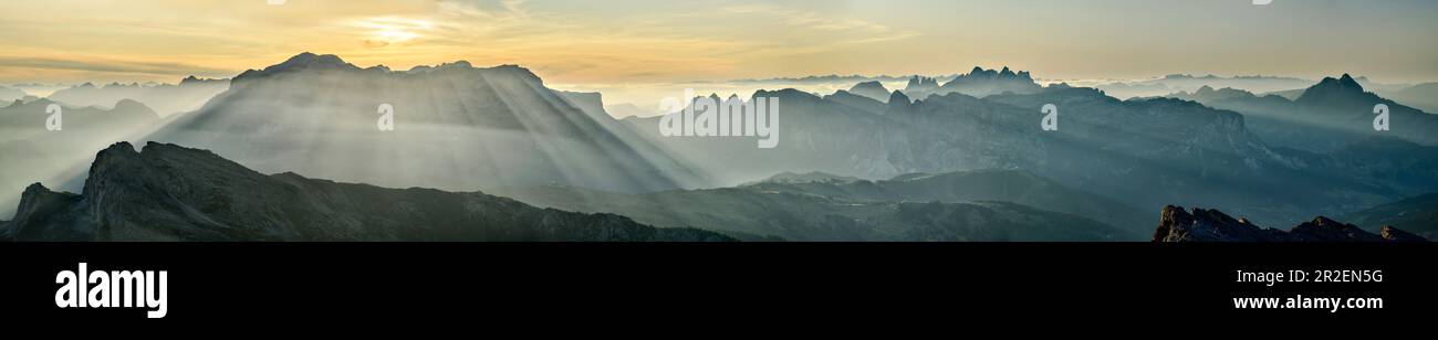 Panorama with sun rays over Sella, Geislergruppe, Puezgruppe and ...