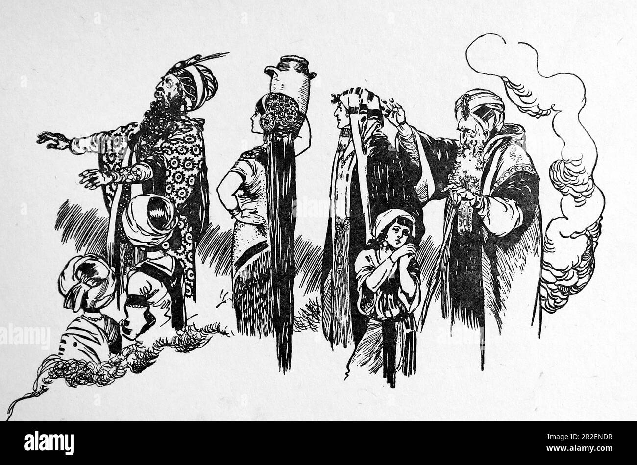By Rene Bull. Line drawing of a group of men, women and children. From, Rubaiyat of Omar Khayyam. Stock Photo