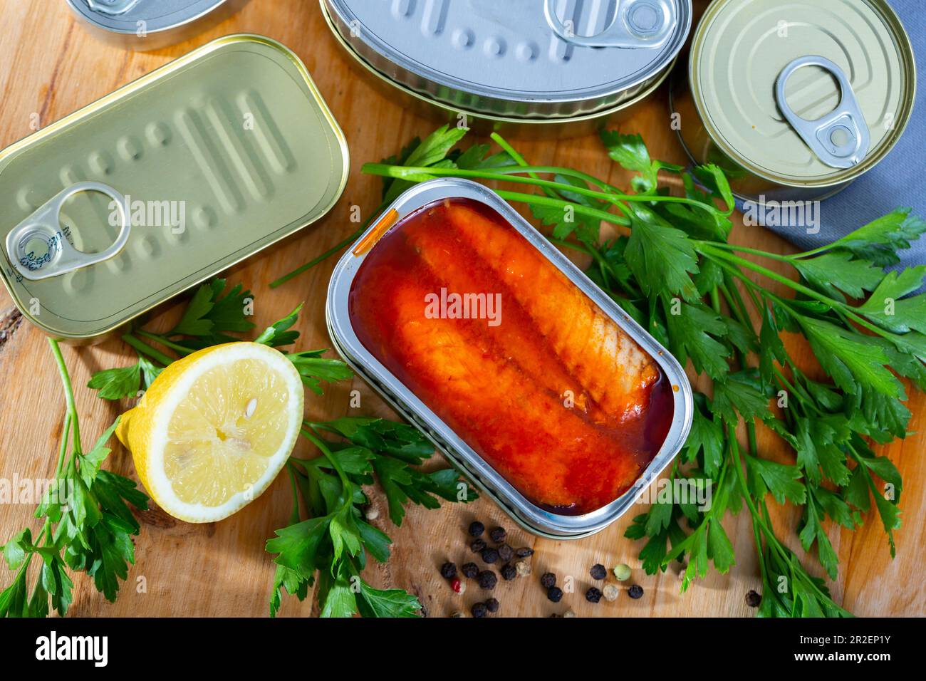 Open can with mackerel fillet in tomato sauce Stock Photo Alamy