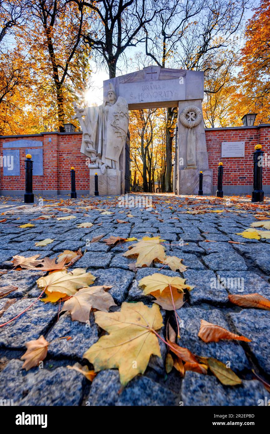 Powazki cemetery, gate of Saint Honorata, main entrance to historical cemetery where many artists and politicians were buried, Warsaw, Mazovia region, Stock Photo