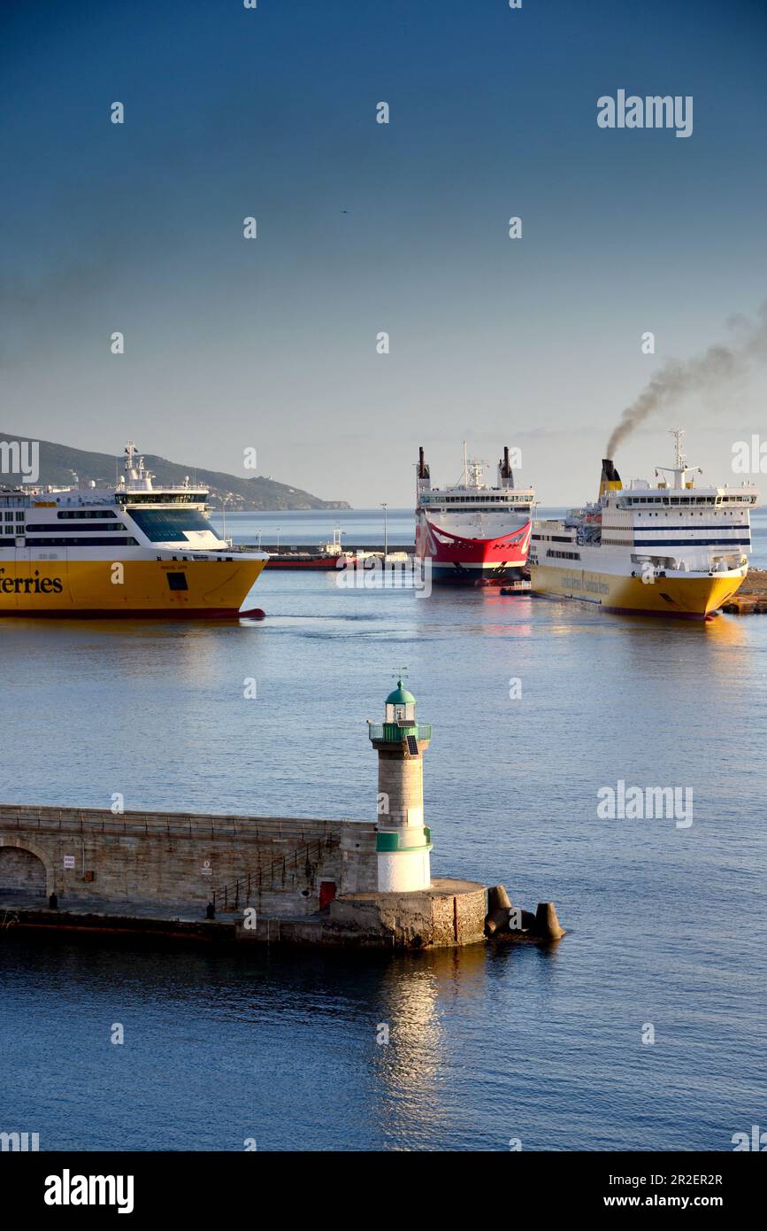 View from Terra Nova to the port with 3 ferries, Bastia, North Corsica, France Stock Photo