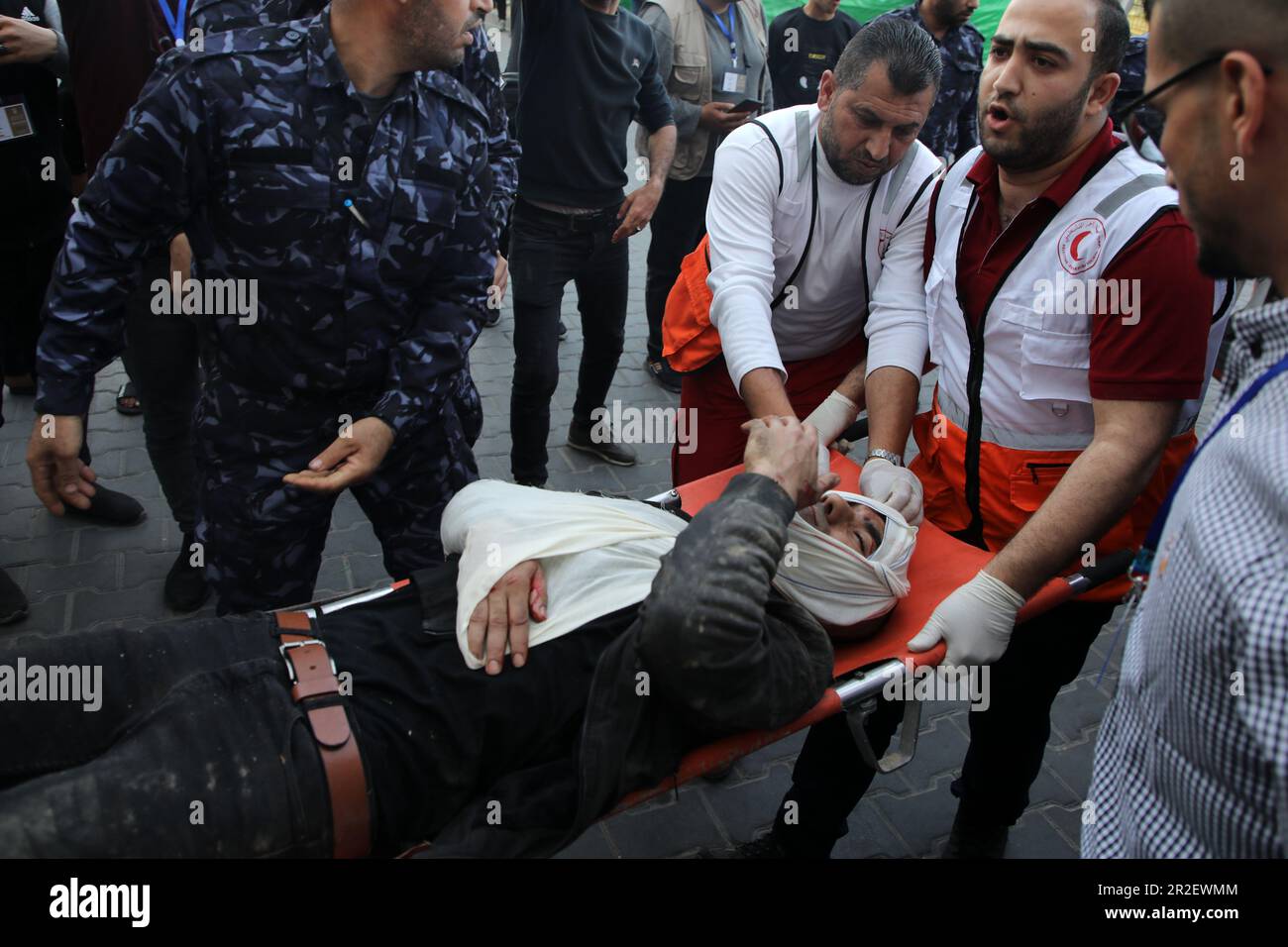 Injured people and martyrs were brought to the Al-Shifa Hospital after they were hit by the Israel launched airstrikes of Gaza City. Palestine. Stock Photo