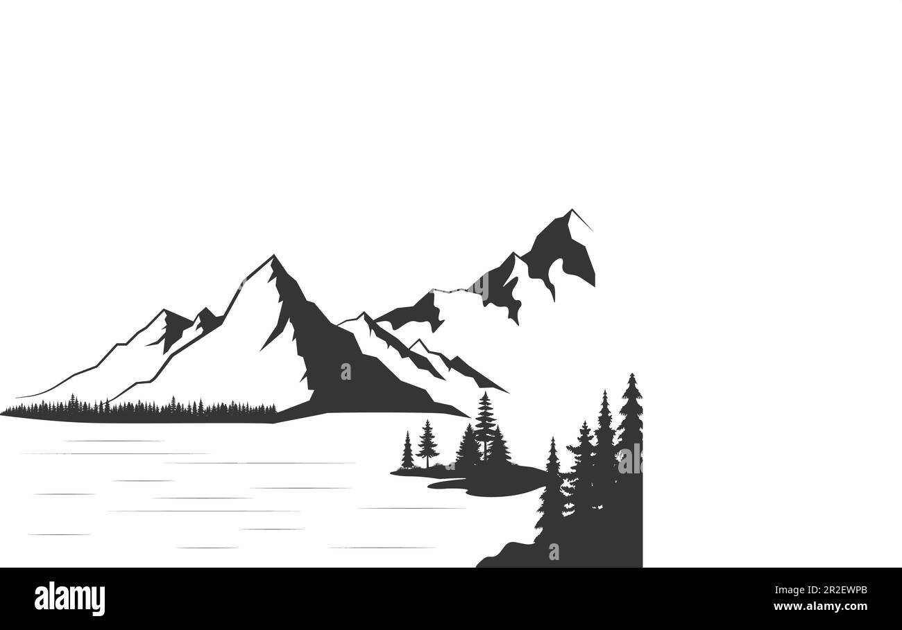 Mountain with pine trees and lake landscape black on white background ...