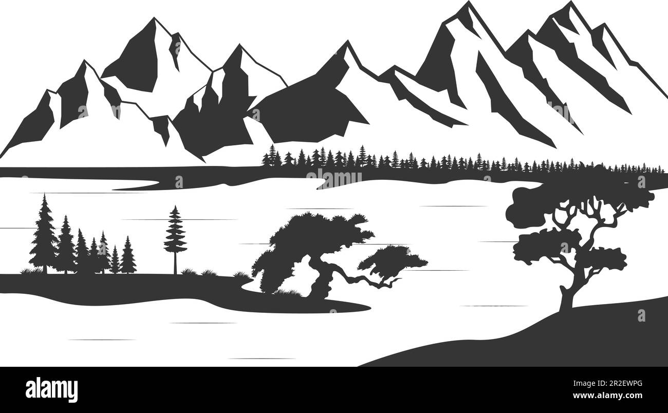 Black and white mountain with pine trees and lake. Mountain silhouette ...