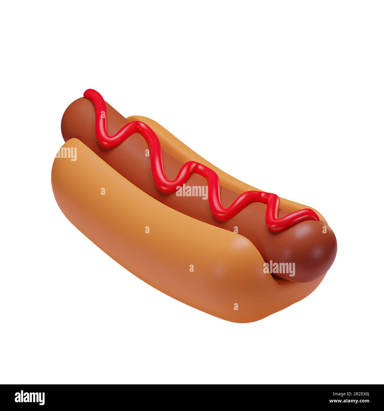 3D rendering of a hot dog with ketchup. Fast food. Fatty, unhealthy