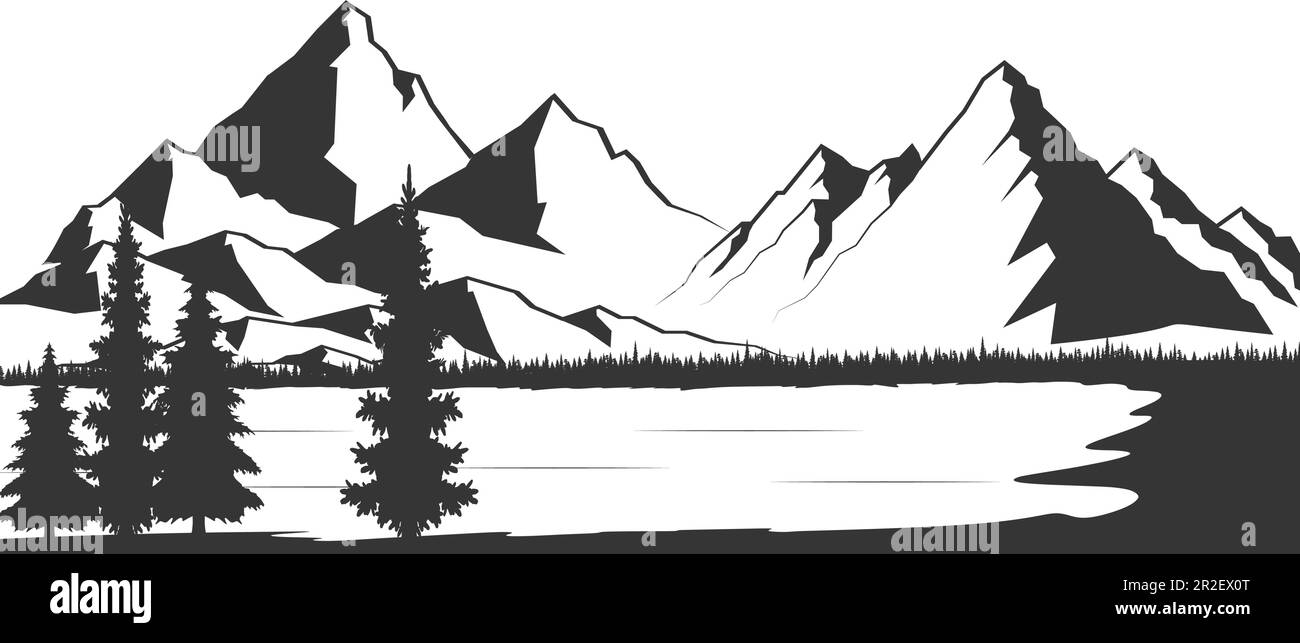 Simple hand-drawn northern landscape, hills with conifers, mountain lake, river. Vector drawing with black outline. Ink sketch. Wildlife. Tourism and Stock Vector
