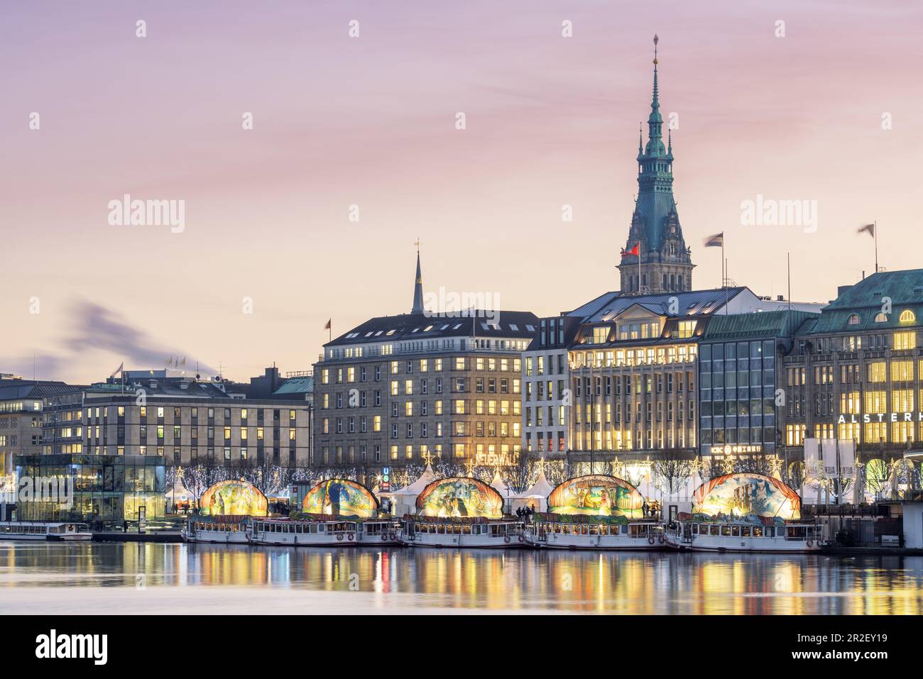 Christmas at the Inner Alster with a view of Jungfernstieg and Hamburg