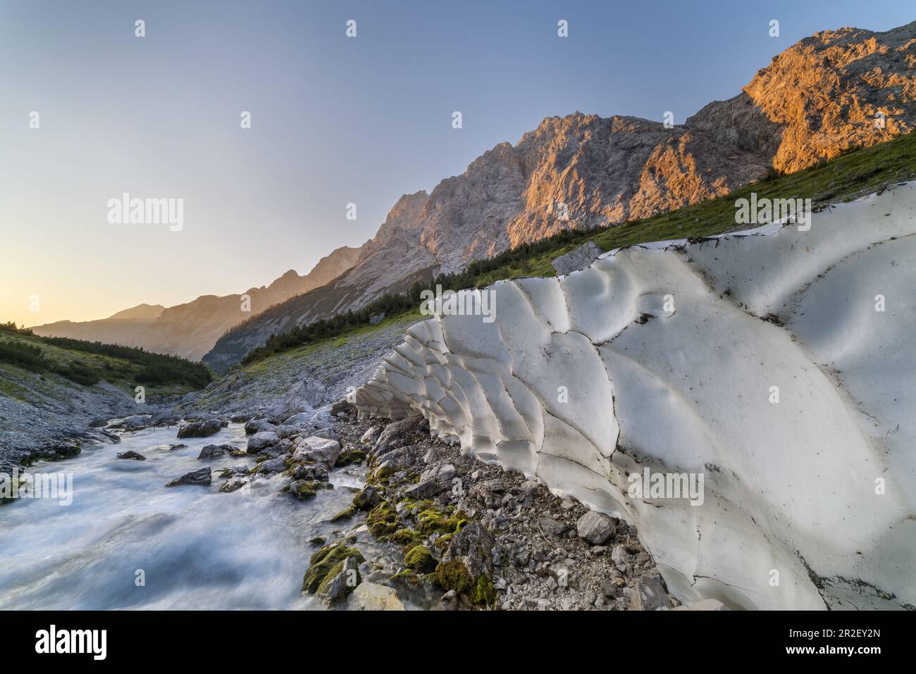 Ice field in the Reintal on the Partnach, Garmisch-Partenkirchen, Wetterstein Mountains, Werdenfelser Land, Upper Bavaria, Bavaria, Southern Germany, Stock Photo