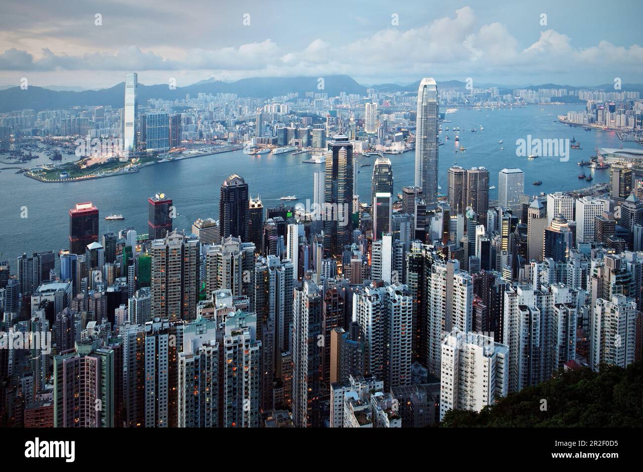 View from the peak of Hong Kong skyline and Victoria Harbor, China ...