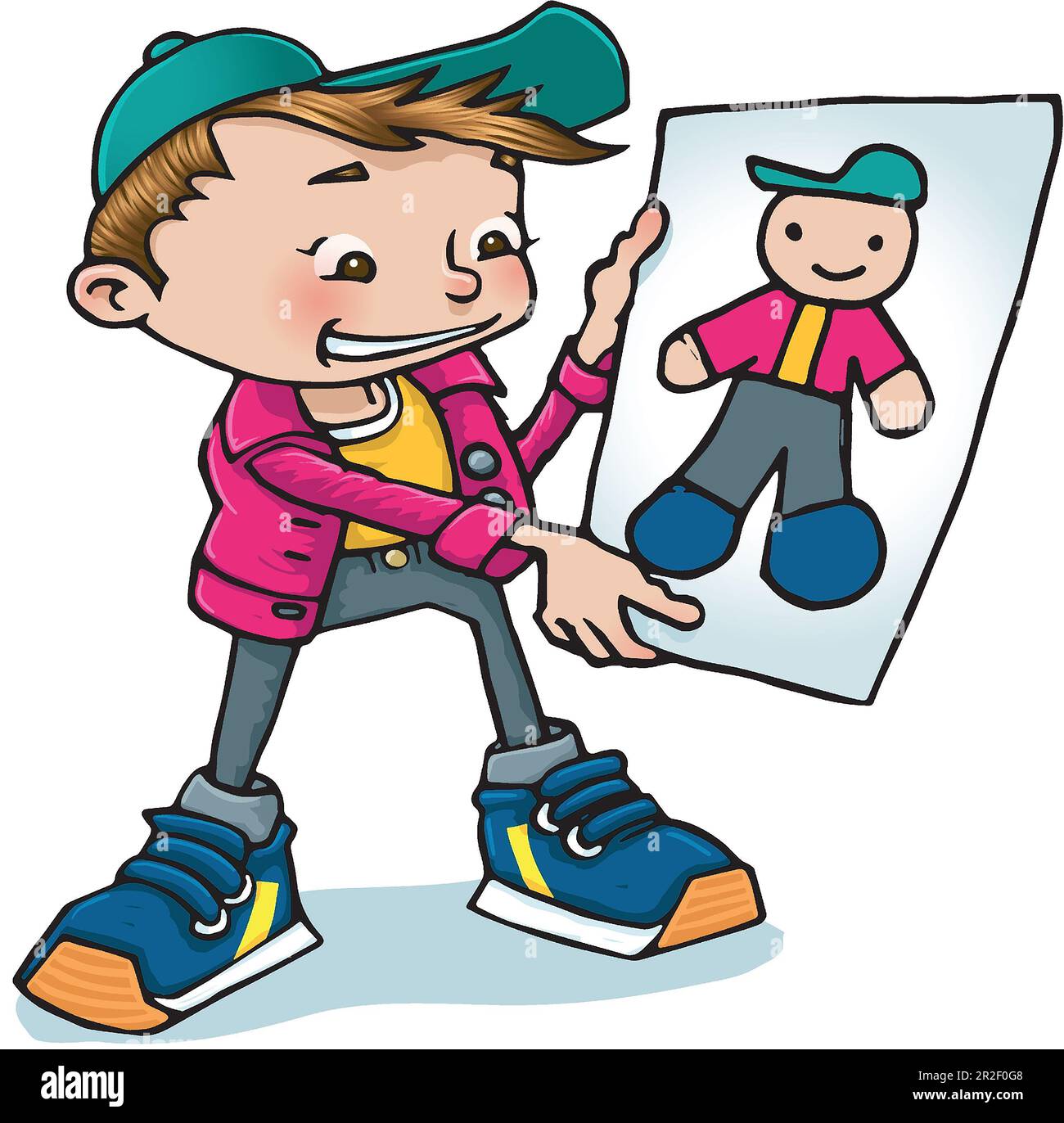 Young boy, aged 5-7 years, holding up a drawing of himself, educational art, arts and crafts activities for children, pencil control, teaching aids. Stock Photo
