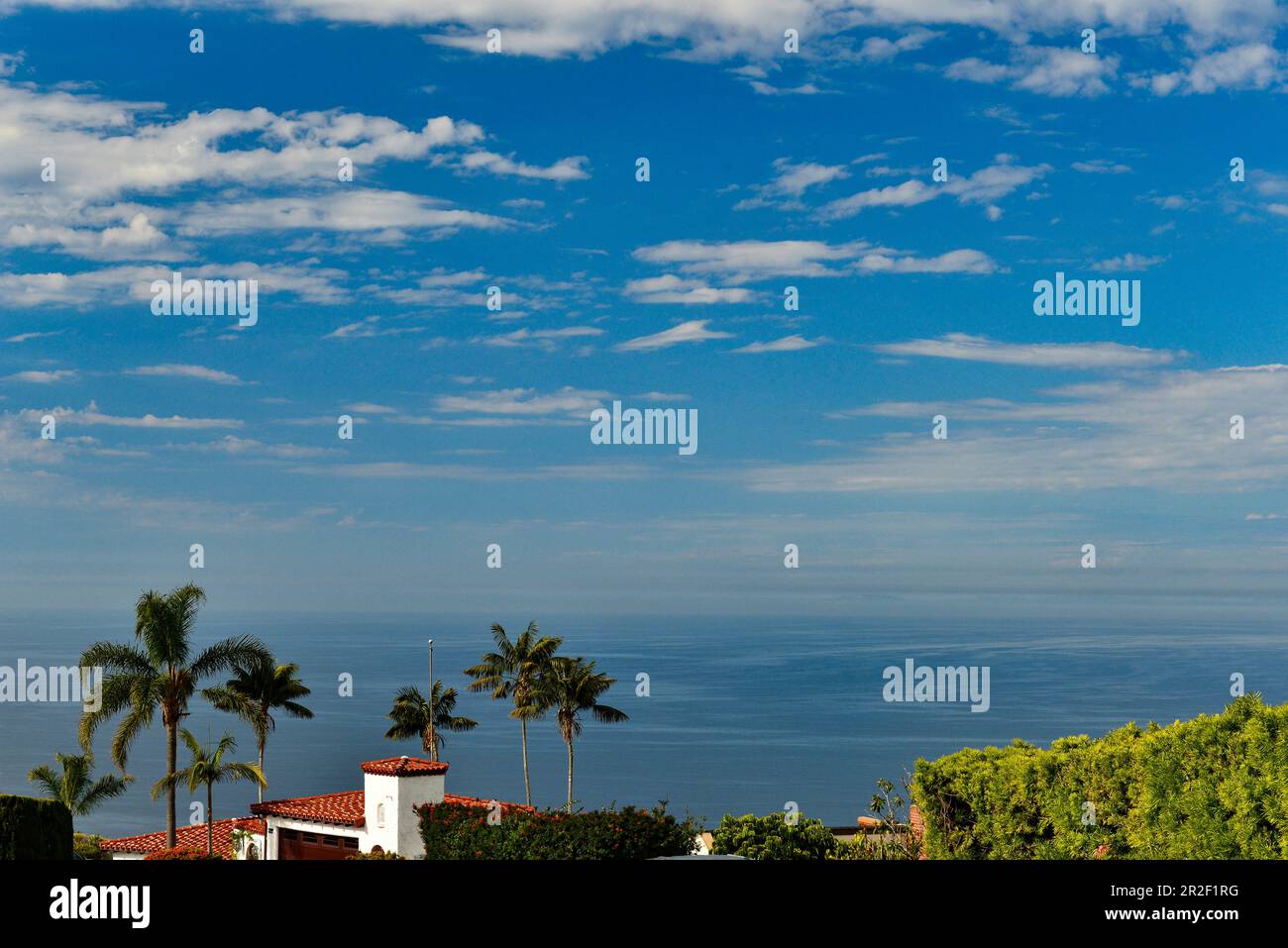 View of a villa with palm trees and the vast Pacific Ocean, Laguna ...