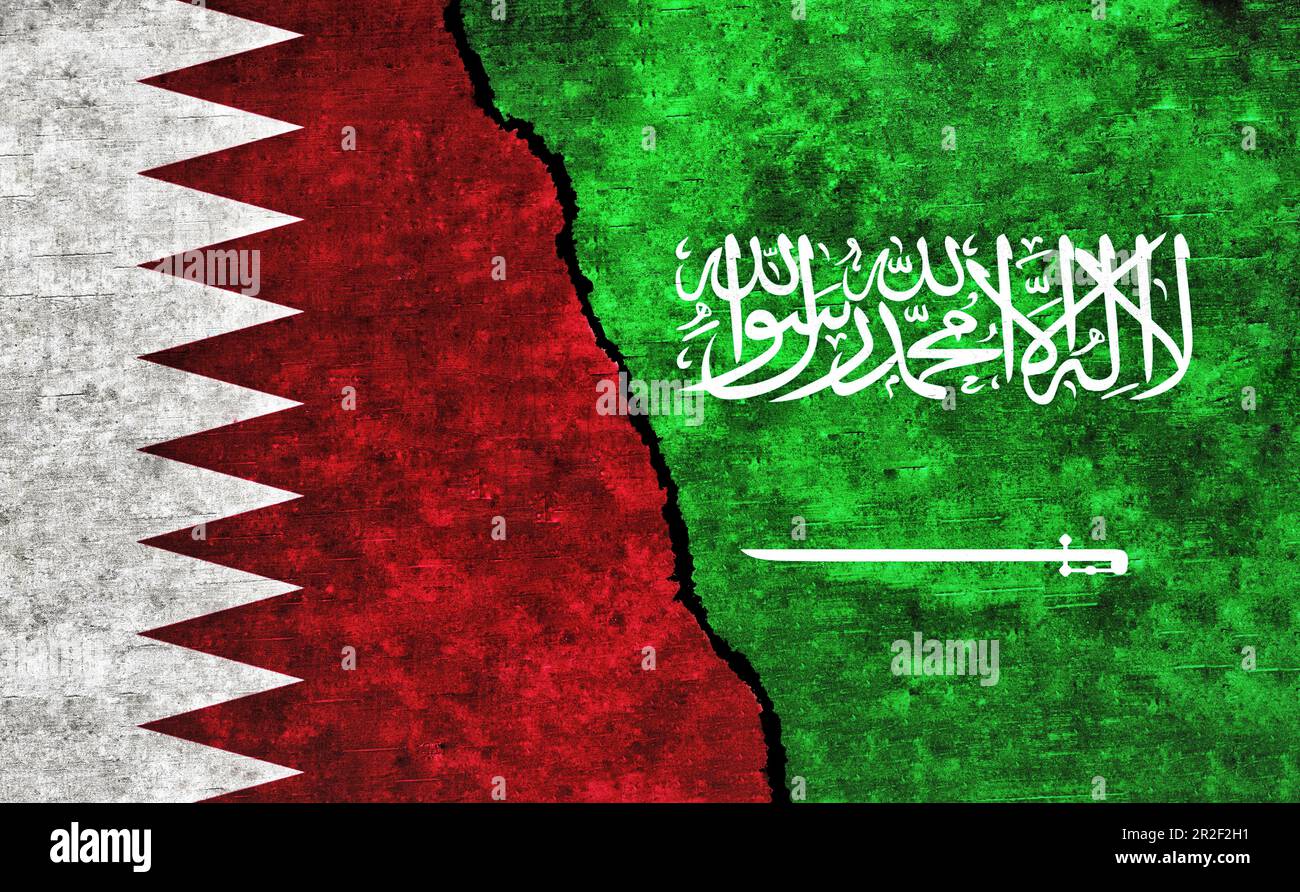 Qatar and Saudi Arabia flag on wall with crack. Diplomatic relations between Saudi Arabia and Qatar Stock Photo