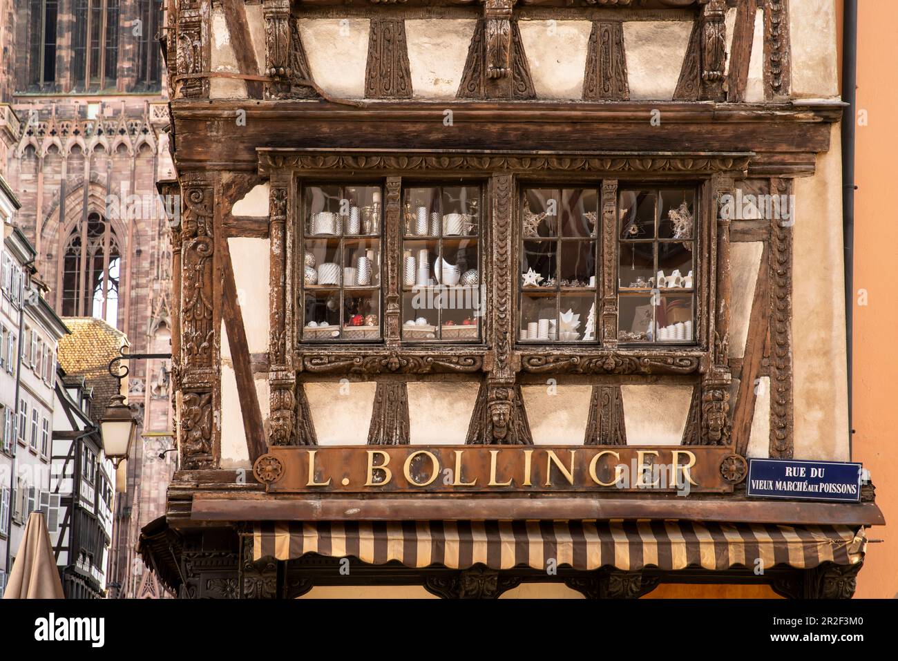 Detail with half-timbered window of half-timbered house with shop L. Bollinger, Strasbourg, Alsace-Champagne-Ardenne-Lorraine, France, Europe Stock Photo