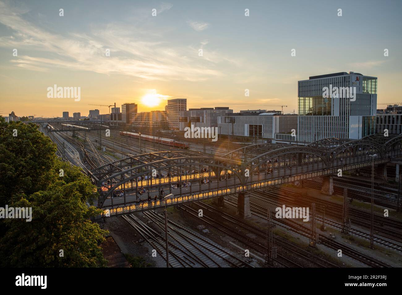 Elevated view from the south-east of Hackerbruecke and Gleise in Muenchen, Bavaria, Germany, Europe Stock Photo
