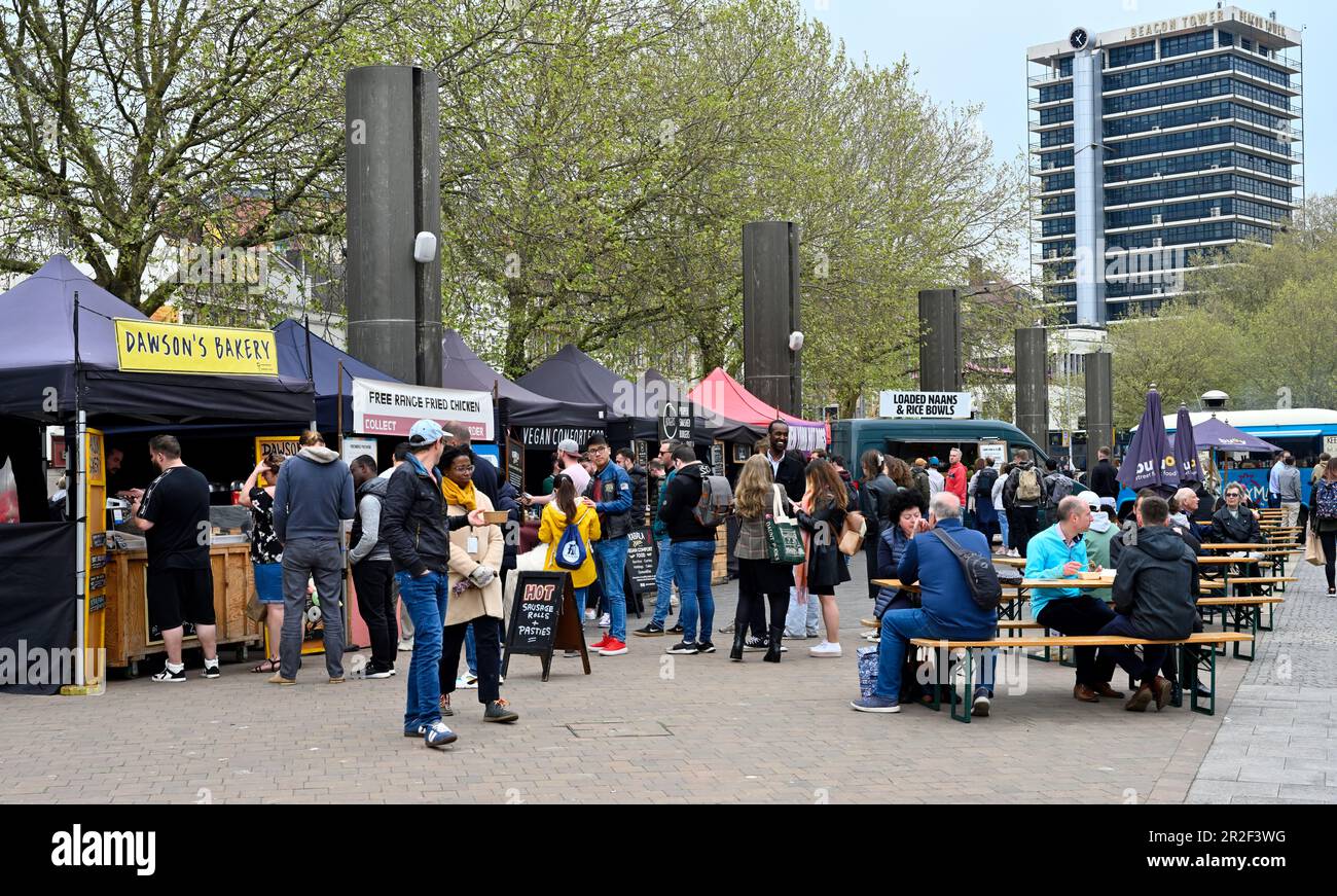 Bristol fast food stalls in city centre square by Cascade Steps