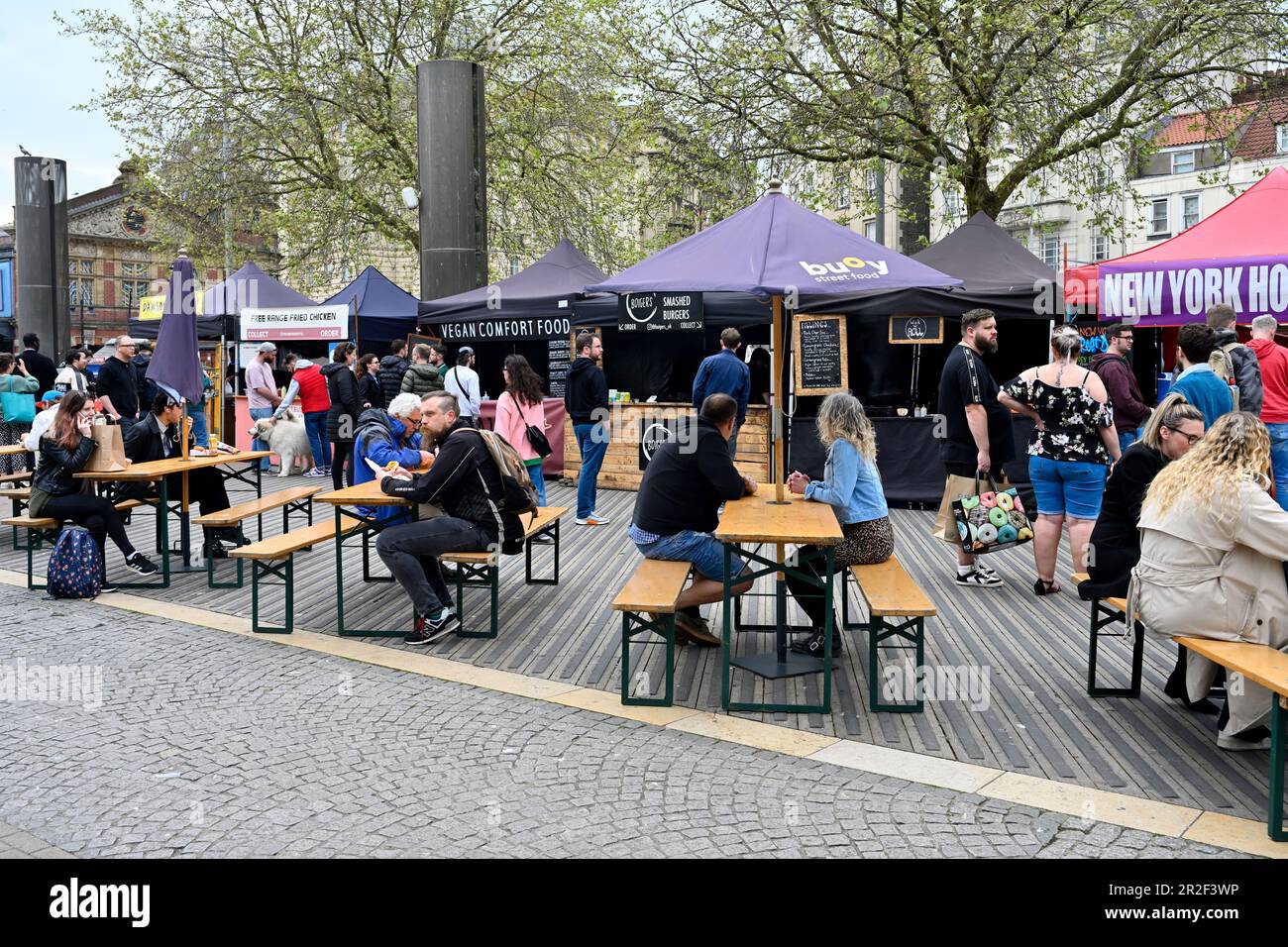 Bristol fast food stalls in city centre square by Cascade Steps