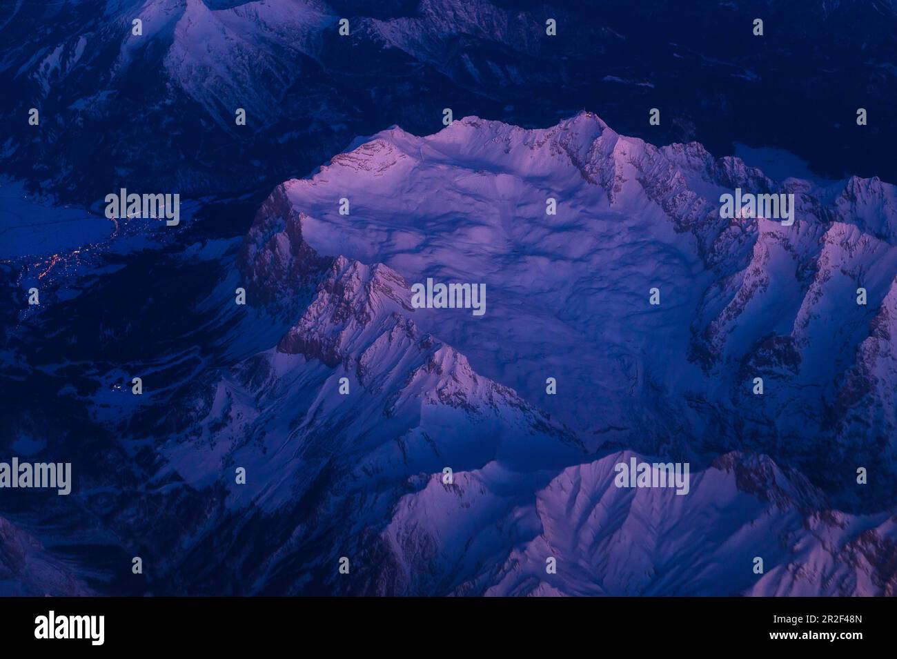 Zugspitze in first light, aerial view, Germany Stock Photo