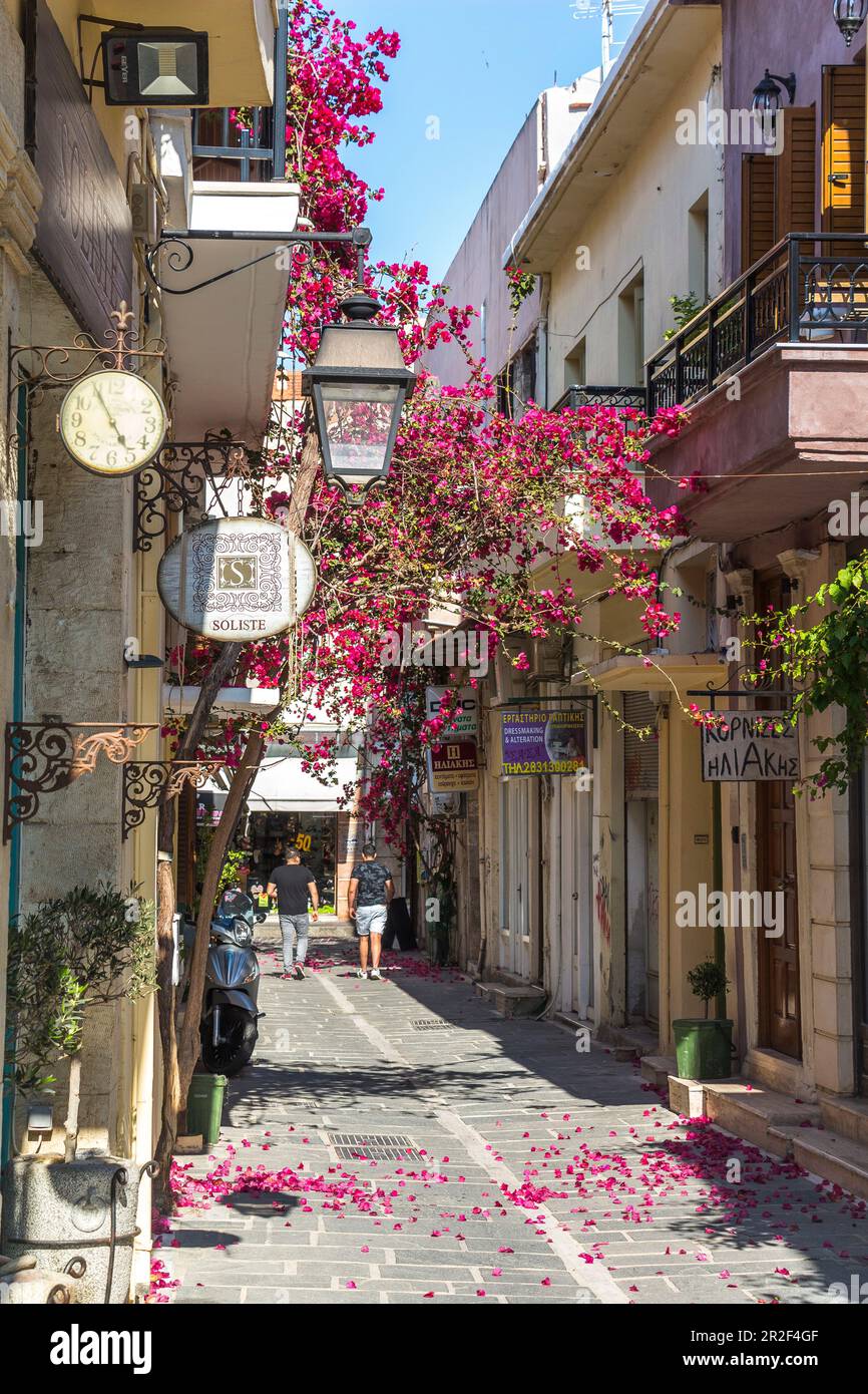 Historic streets with colorful flowers in the old town of Rethymno, North Crete, Greece Stock Photo