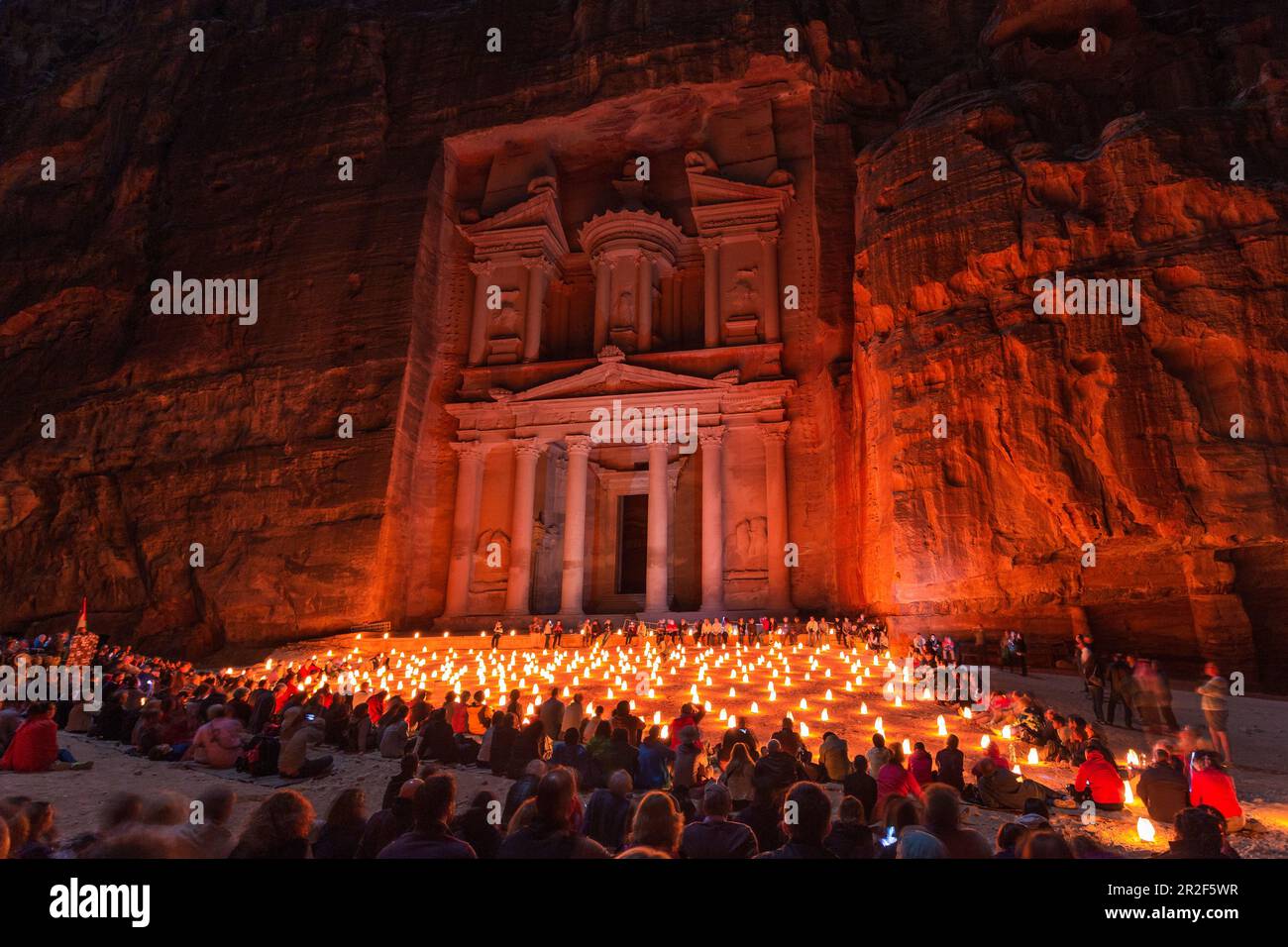 The Treasury in Petra, lit by hundreds of candles, Petra, Jordan Stock Photo