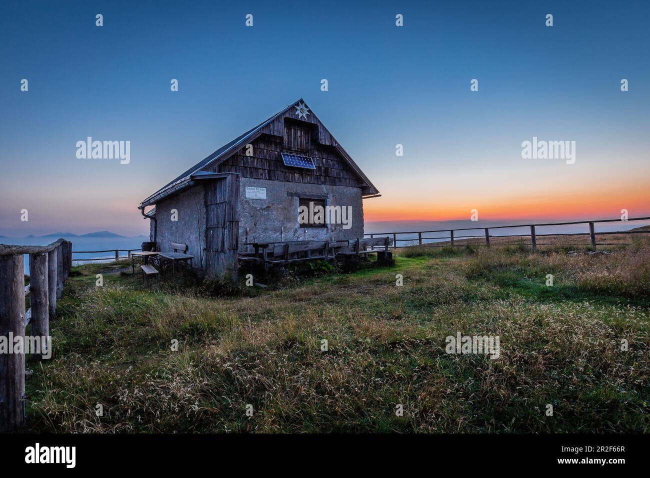 The Murauer Hütte at sunrise on the Frauenalpe, Murau, Austria Stock Photo