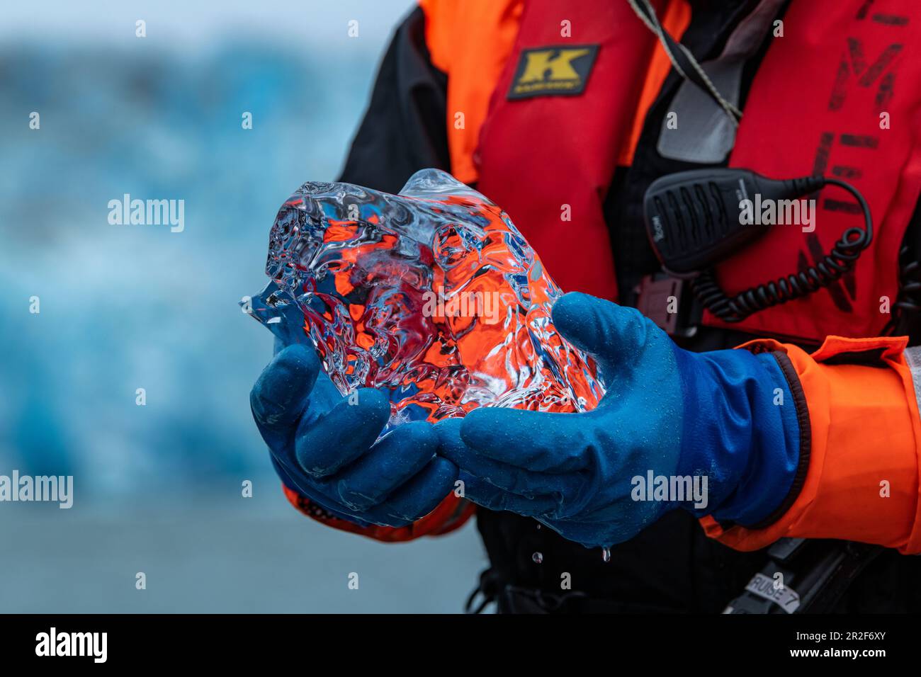 A Zodiac dinghy driver from an expedition ship holds a piece of crystal clear glacier ice, Pio XI Glacier, Magallanes y de la Antartica Chilena, Patag Stock Photo