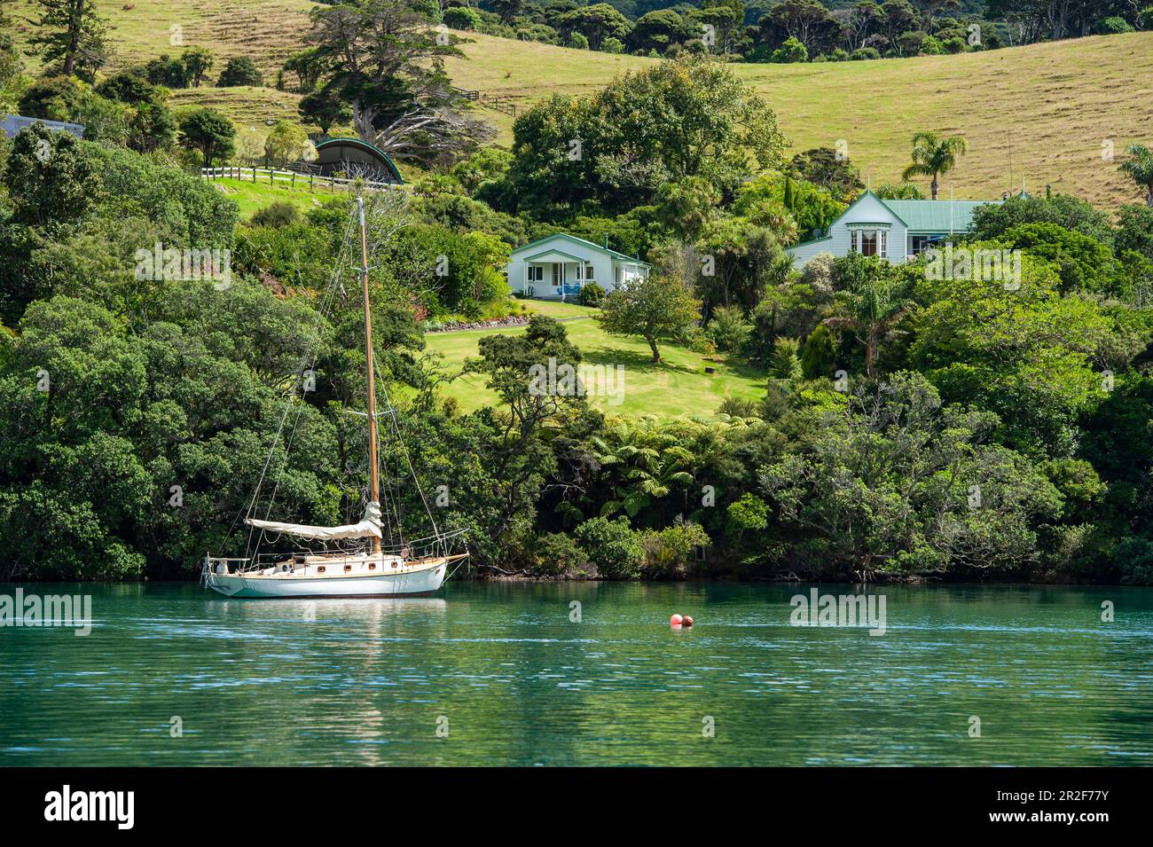 A sailboat lies at anchor in front of a lovely, rural scene with trees
