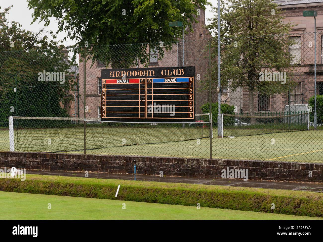 The scoreboard on the pavilion of the Ardgowan lawn bowling Green in Greenock, Scotland Stock Photo