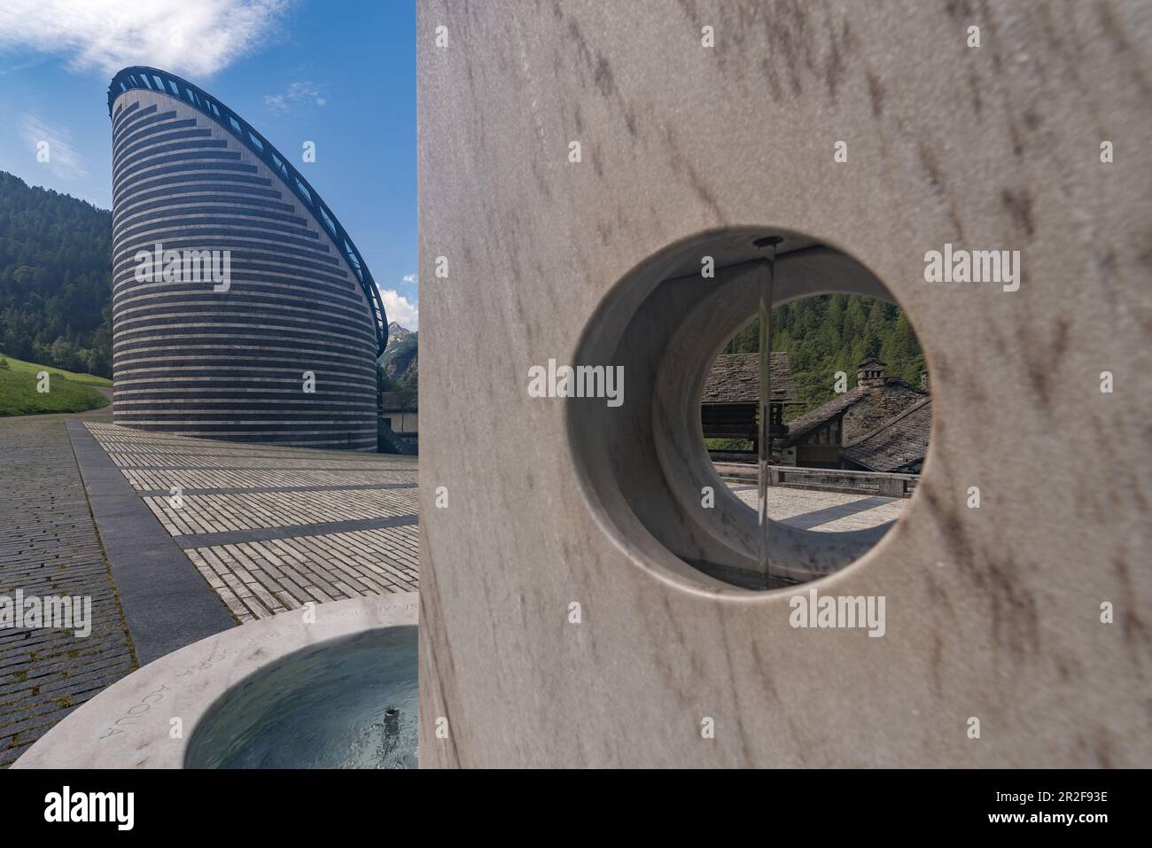 Modern church in Mogno, San Giovanni Battista, designed by Mario Botta Stock Photo