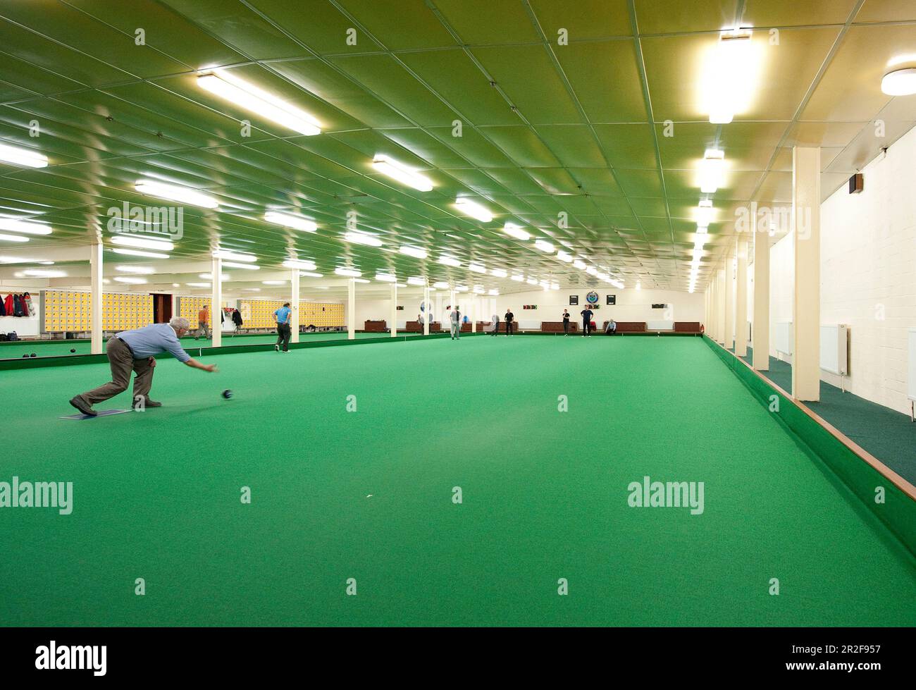 Men bowling on the Ayr Indoor lawn bowling Green in Scotland Stock Photo