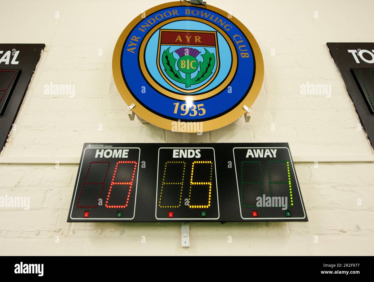 The scoreboard at the Ayr Indoor lawn bowling Green in Scotland Stock Photo