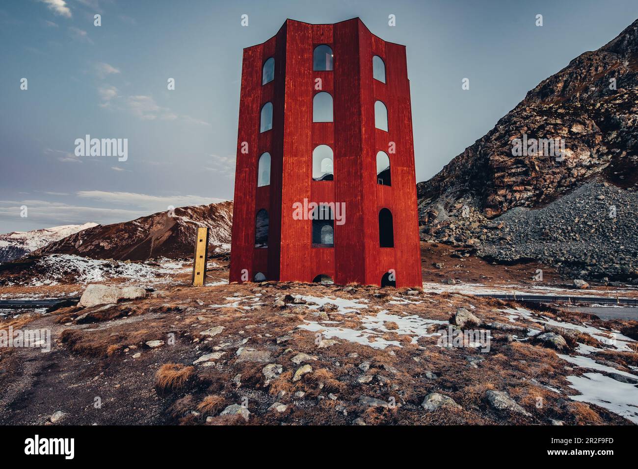 Theater and Origen Tower on the Julier Pass near St. Moritz in the Engadine, Switzerland Stock Photo