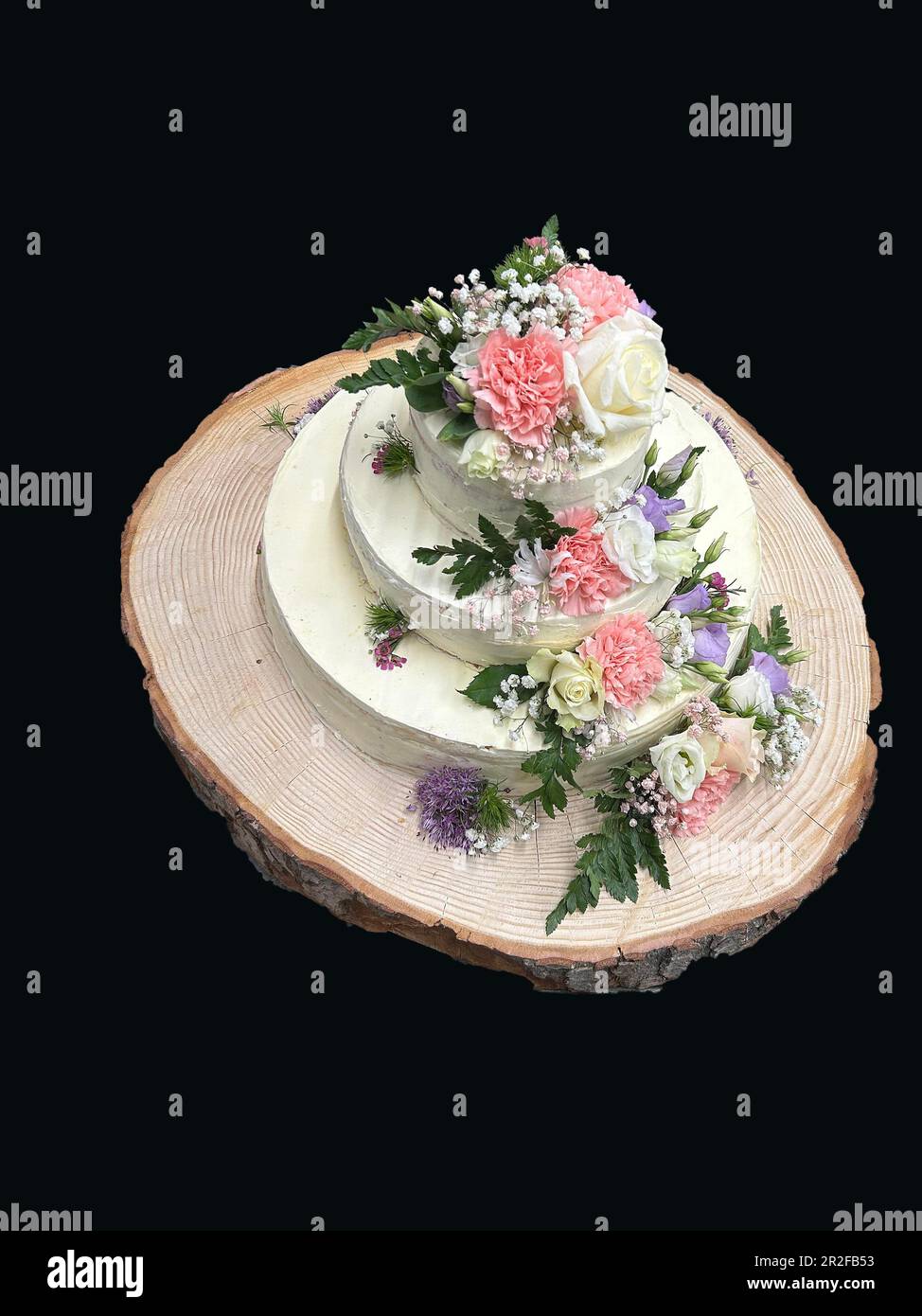 Wedding cake on a tree slice, Bavaria, Germany Stock Photo