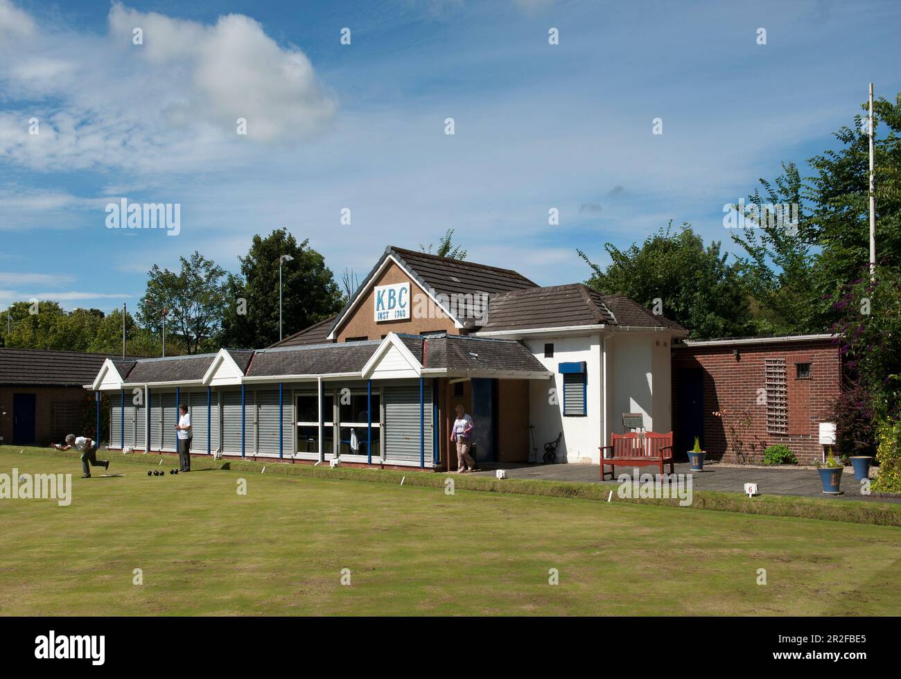 Bowls in play in front of the pavilion at the Kilmarnock lawn bowling