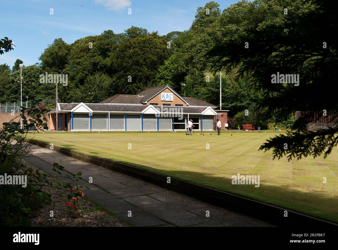 Bowls in play in front of the pavilion at the Kilmarnock lawn bowling