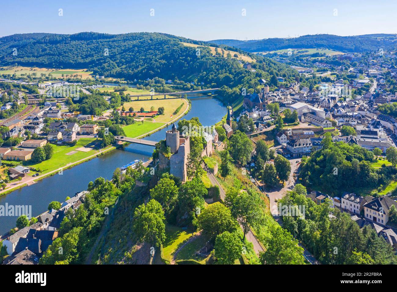 Aerial view of Saarburg with Saar and castle, Hunsrück, Rhineland-Palatinate, Germany Stock Photo