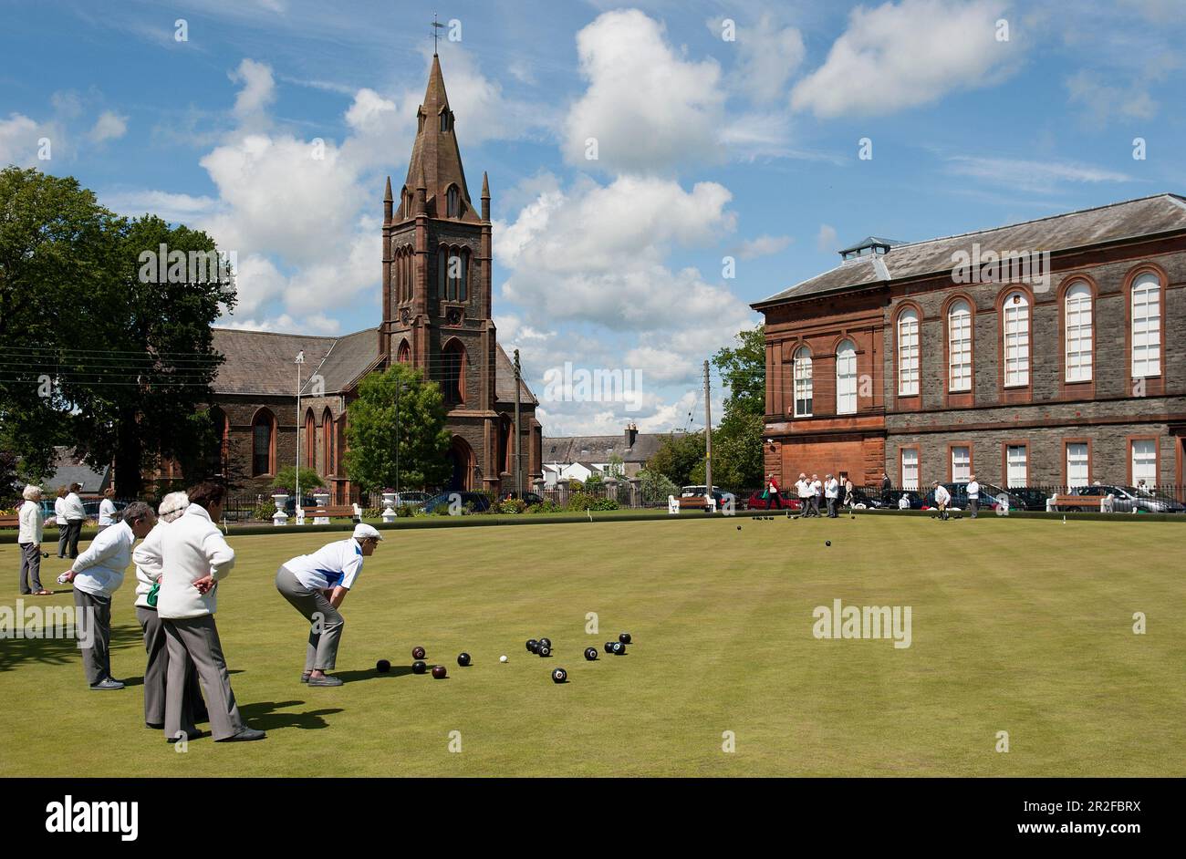 Bowls in play at the Kirkcudbright lawn bowling green in Dumfries and Galloway, Scotland, UK Stock Photo