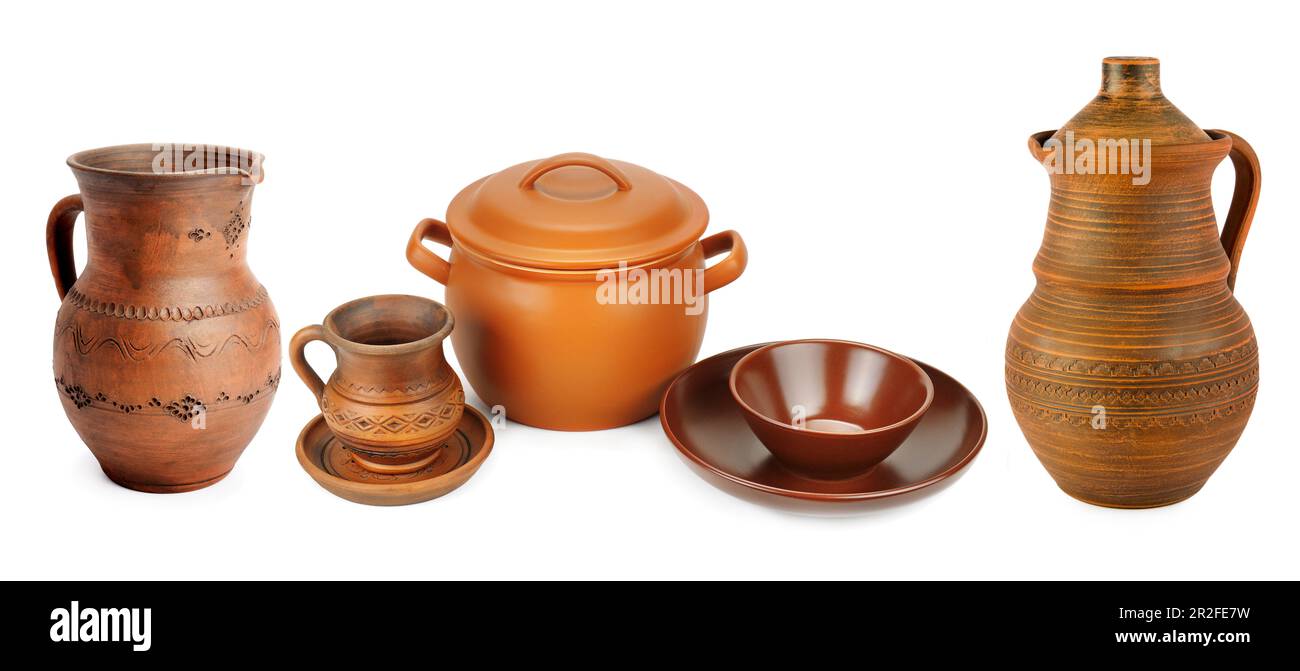 Set of old ceramic kitchen tools - retro equipment of cooking isolated ...