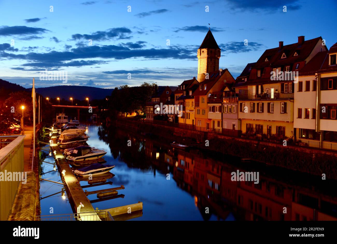 Evening on the Neckar, Wertheim am Main, tower, houses, river